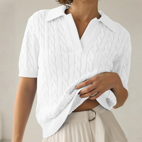 Women's Cable Short Sleeve Sweaters Tops Solid Lapel V Neck Knit Casual Soft Pullover Shirt