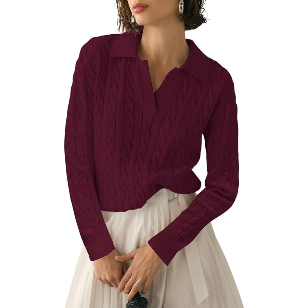 Women's Fall Soft Lapel V-Neck Cable Knit Long-Sleeve Pullover