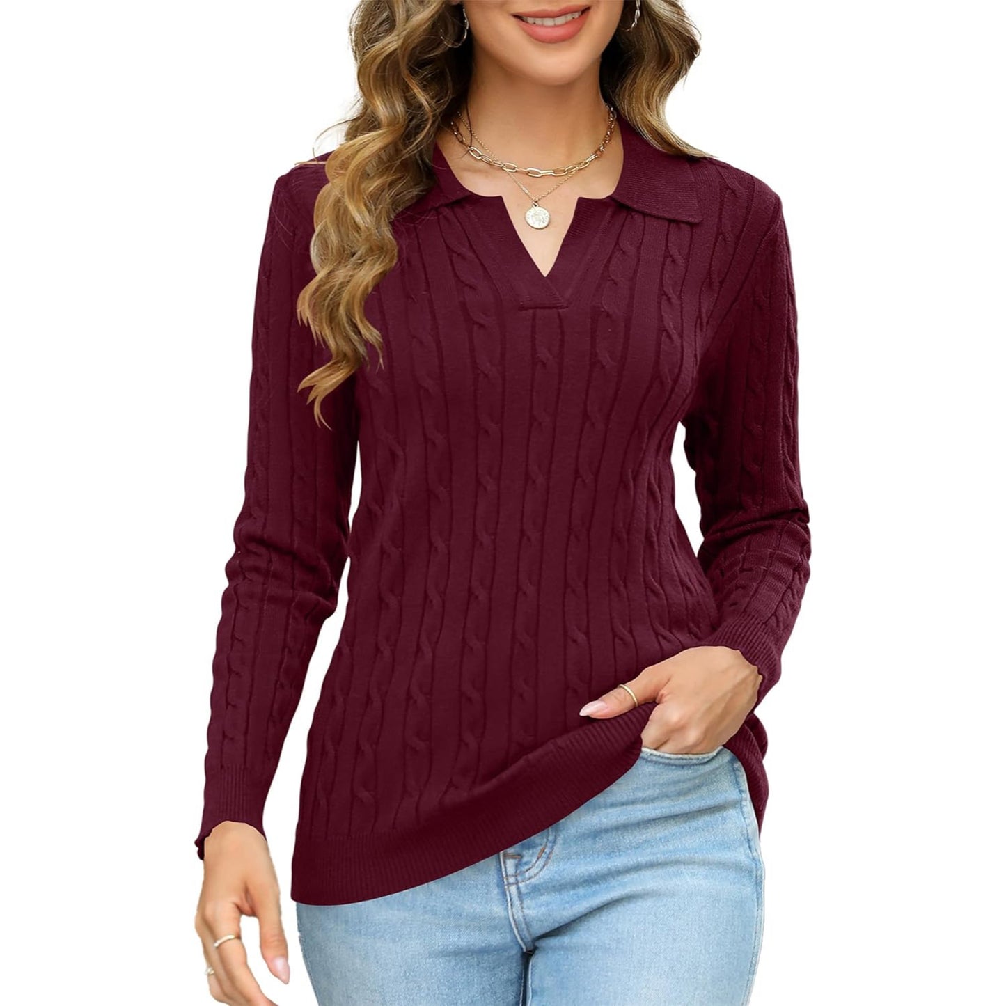 Women's Fall Soft Lapel V-Neck Cable Knit Long-Sleeve Pullover