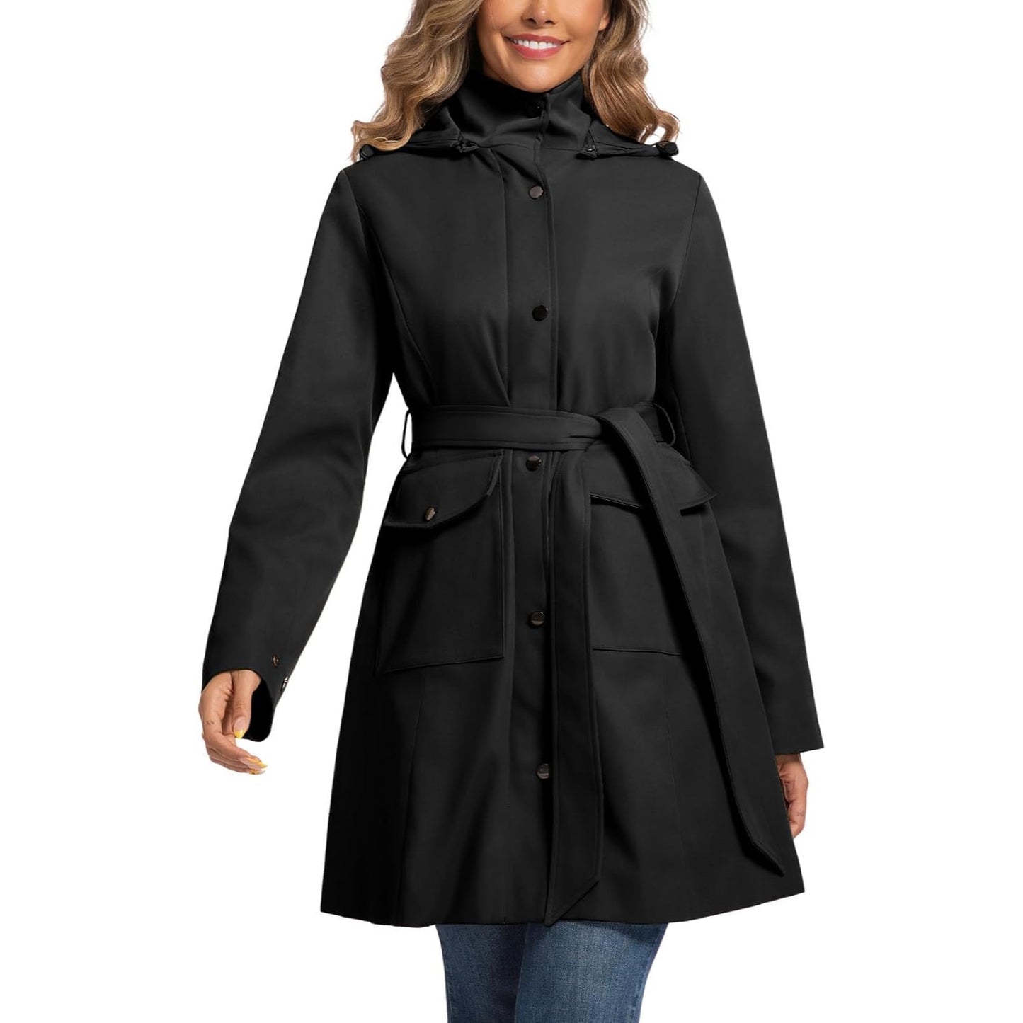 Womens Trench Coat Waterproof Rain Jacket Rain-blocking Brim Detachable Hood Raincoat with Belt Outdoor Travel