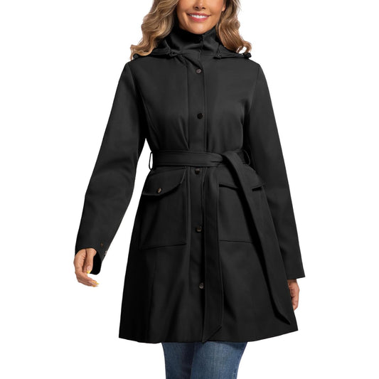Womens Trench Coat Waterproof Rain Jacket Rain-blocking Brim Detachable Hood Raincoat with Belt Outdoor Travel