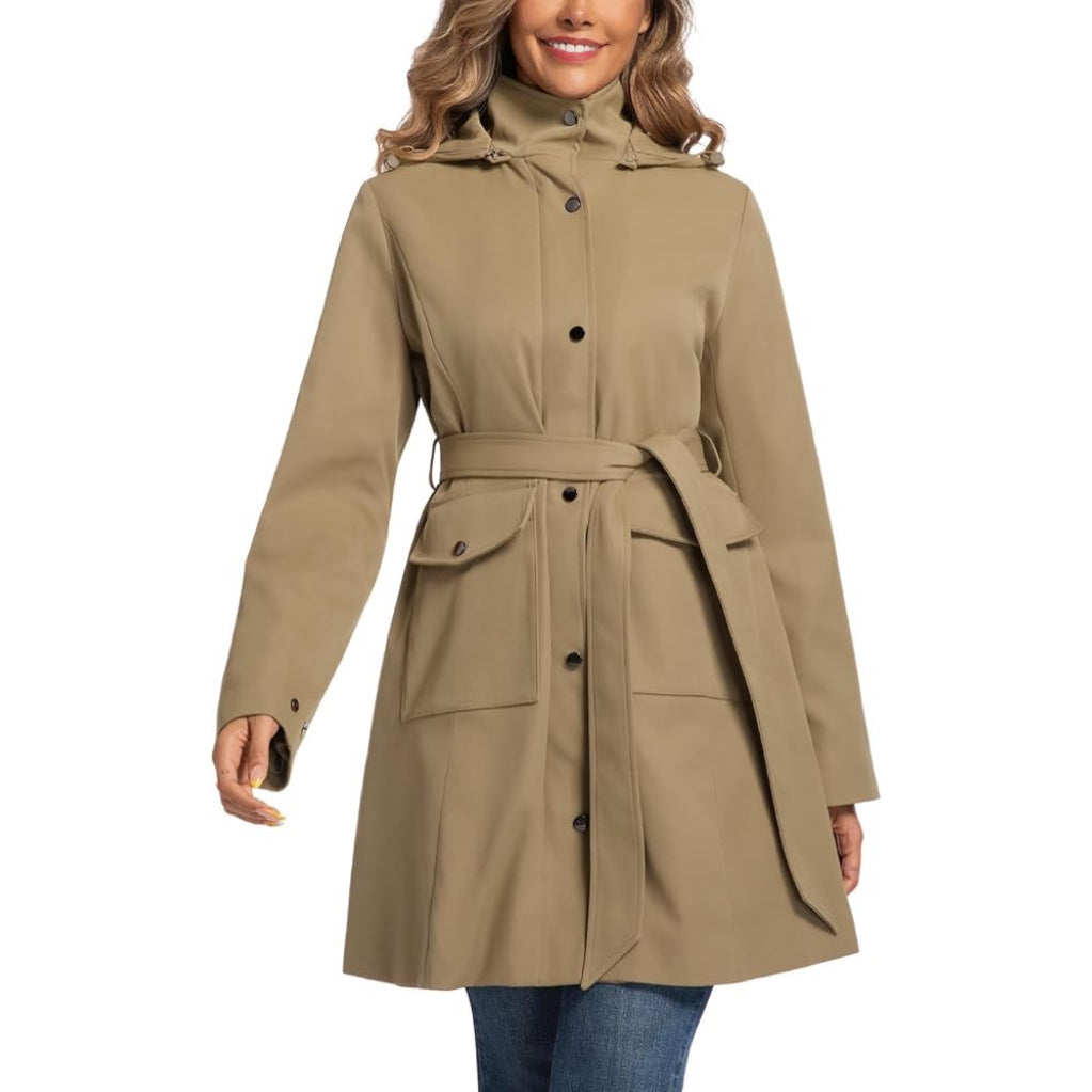 Womens Trench Coat Waterproof Rain Jacket Rain-blocking Brim Detachable Hood Raincoat with Belt Outdoor Travel