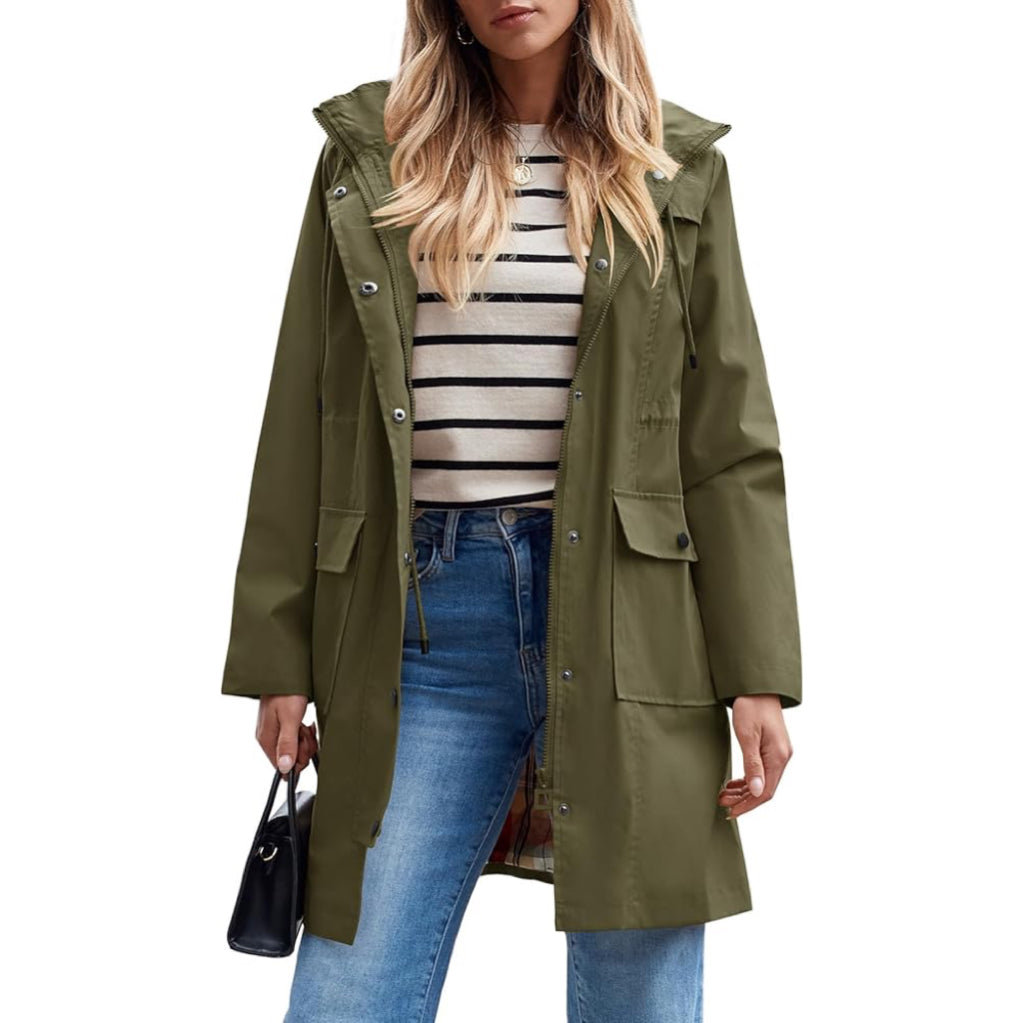 Women's Waterproof Rain Jacket Long Raincoat Hooded Windbreaker Trench Coat