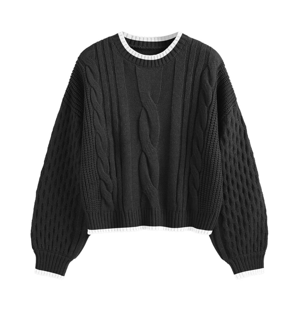 Women's Casual Long Lantern Sleeve Pullover Crew Neck Knitted Sweater