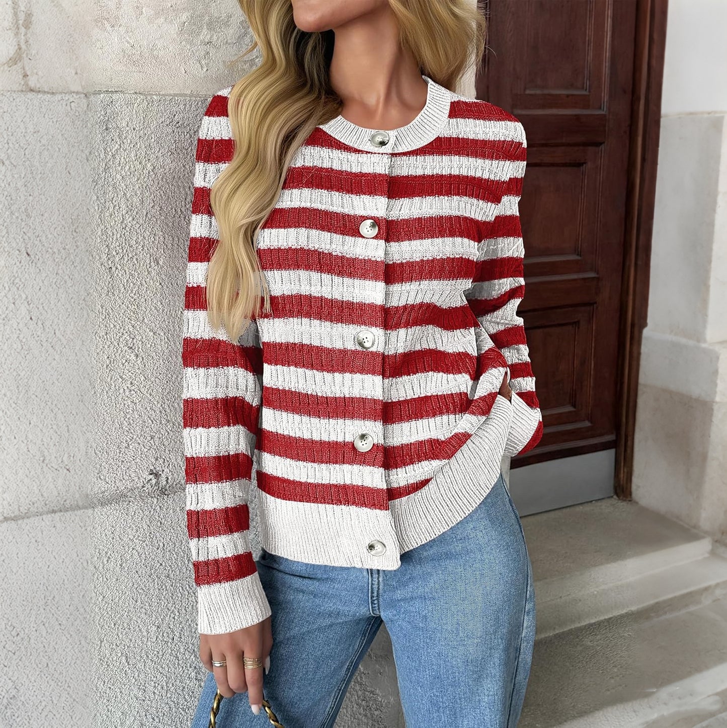 Women's Cropped Knit Cardigan (Button Down, Crew Neck)