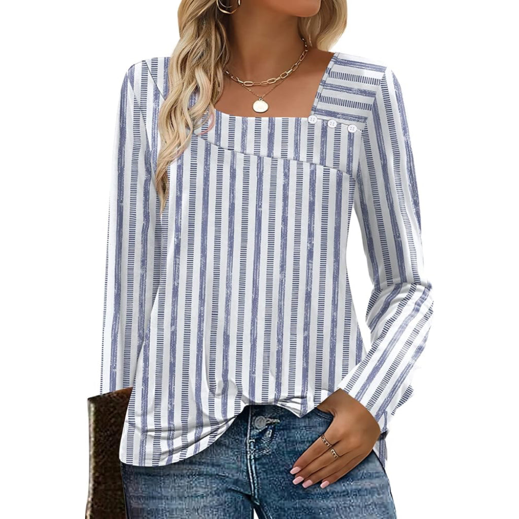 Long Sleeve Shirts for Women Asymmetric Square Neck Tunic Tops Decorative Buttons