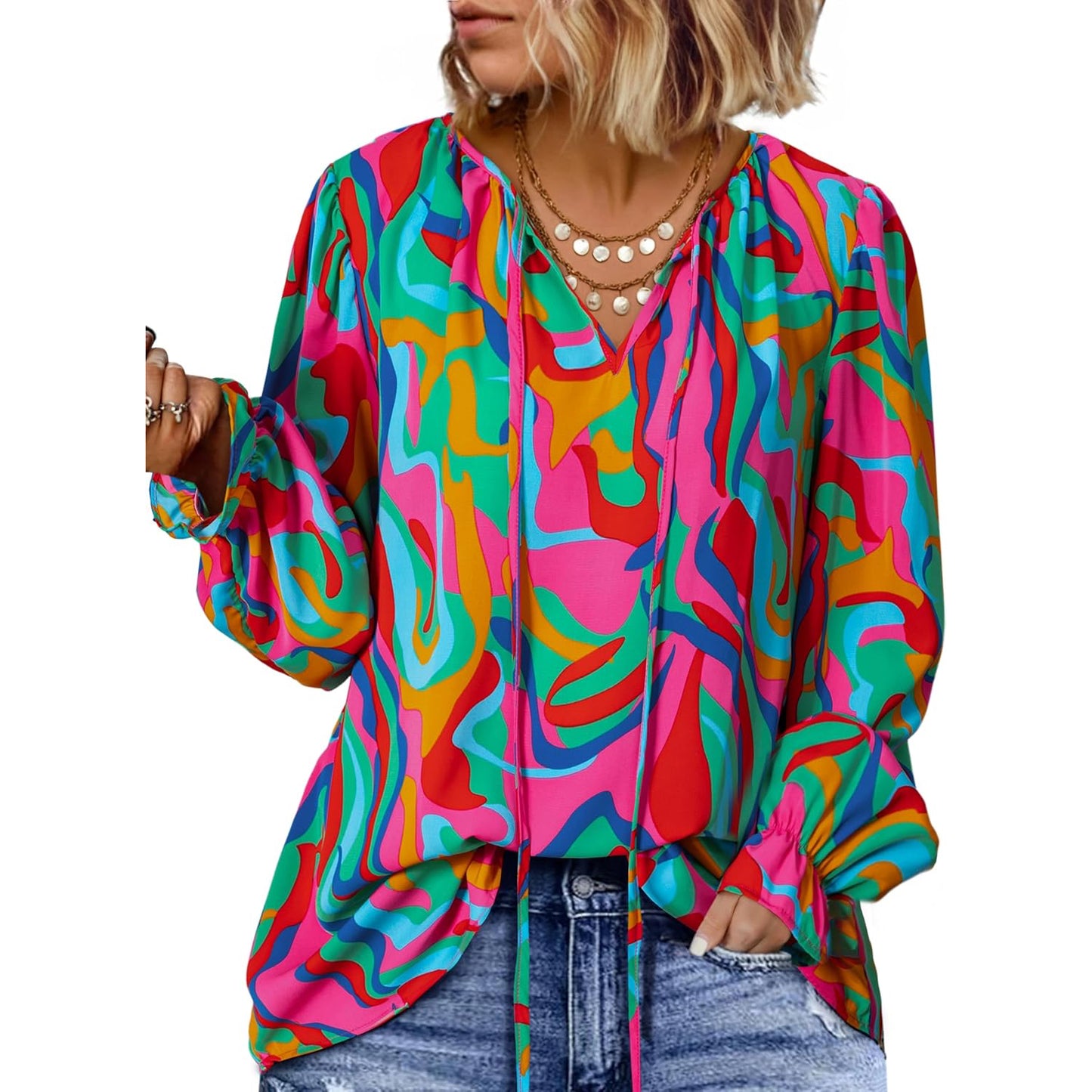 Women's V-Neck Multicolor Long-Sleeve Shirt