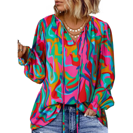 Women's V-Neck Multicolor Long-Sleeve Shirt