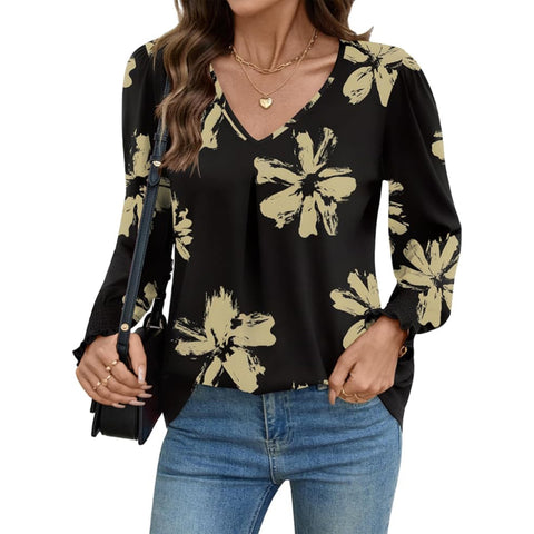 Women's Blouse V Neck Long Sleeve Tops 2025 Fall Loose Dressy Casual Shirts