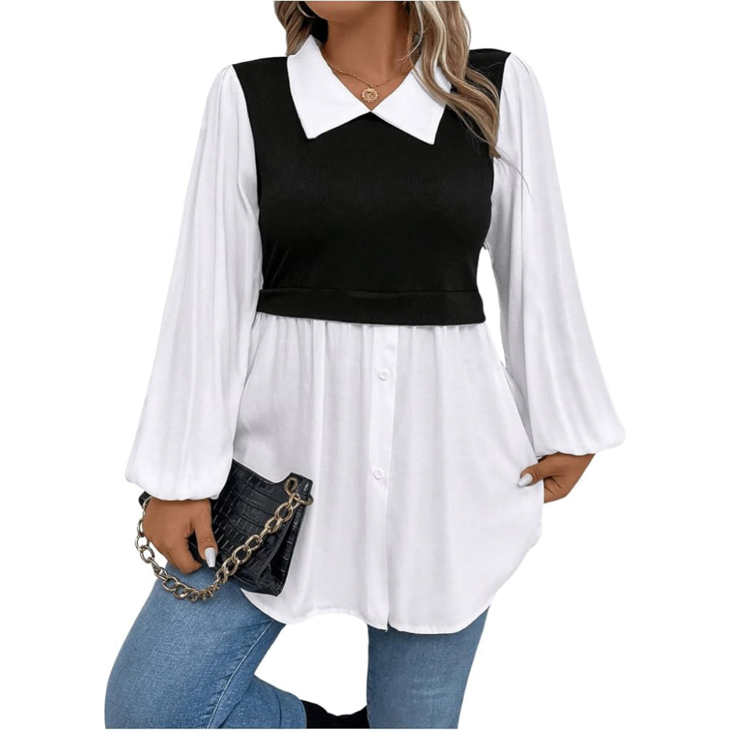 Women's Plus Size Colorblock Button-Down Lantern Blouse