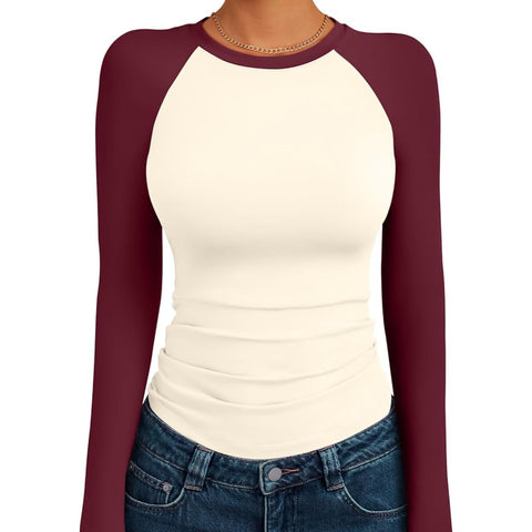 Women's Long Sleeve Shirts Slim Fit Stretchy Color Block Slightly Cropped Tops