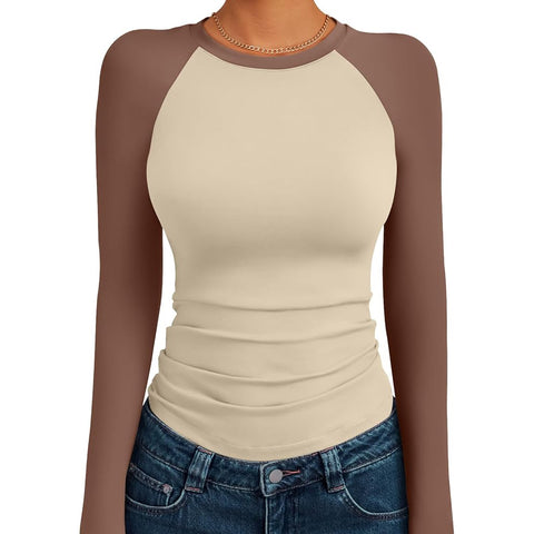 Women's Long Sleeve Shirts Slim Fit Stretchy Color Block Slightly Cropped Tops