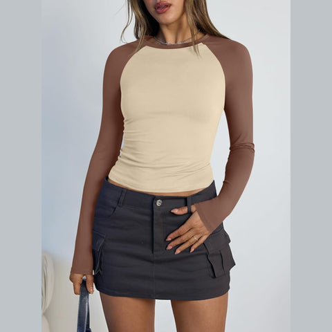 Women's Long Sleeve Shirts Slim Fit Stretchy Color Block Slightly Cropped Tops