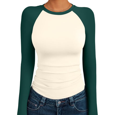 Women's Long Sleeve Shirts Slim Fit Stretchy Color Block Slightly Cropped Tops