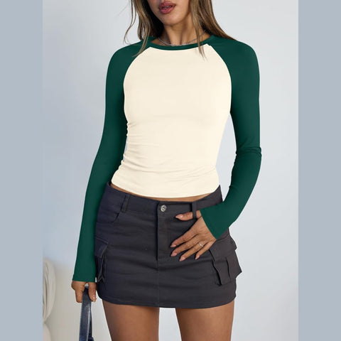 Women's Long Sleeve Shirts Slim Fit Stretchy Color Block Slightly Cropped Tops