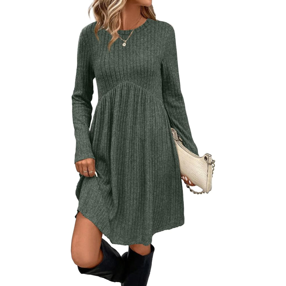 Long Sleeve Dress for Women Crew Neck Empire Waist Tunic Dress with Pockets