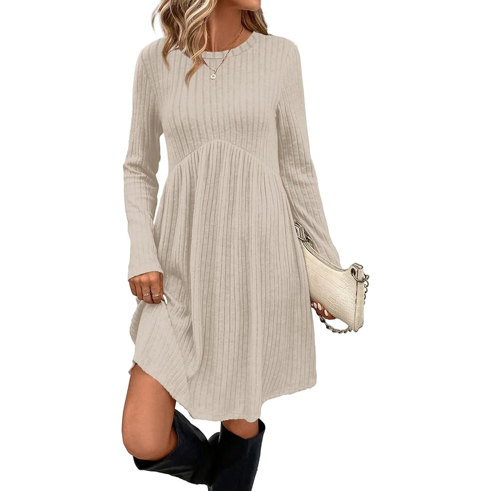 Long Sleeve Dress for Women Crew Neck Empire Waist Tunic Dress with Pockets