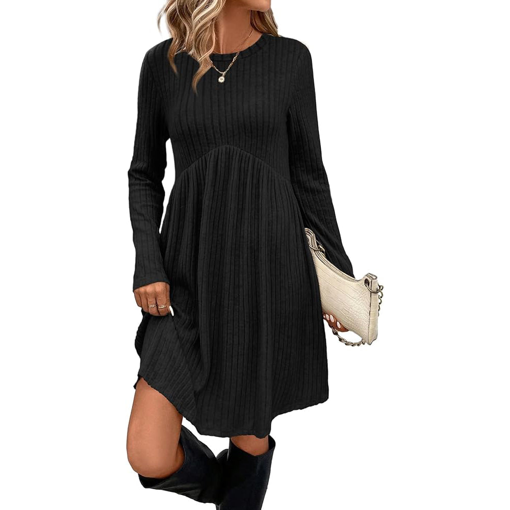 Long Sleeve Dress for Women Crew Neck Empire Waist Tunic Dress with Pockets