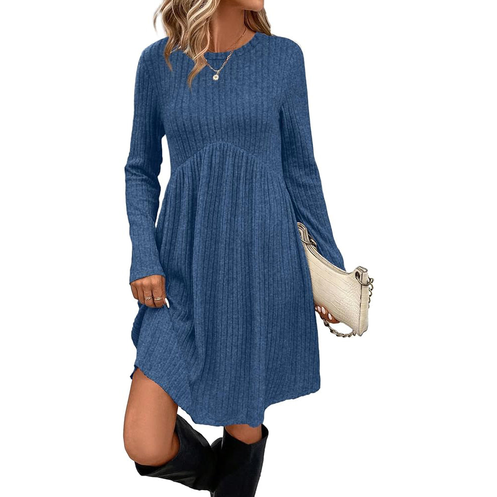Long Sleeve Dress for Women Crew Neck Empire Waist Tunic Dress with Pockets