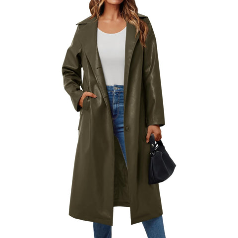 Women¡¯s Long Leather Jackets Trench Coat Blazer Lapel Faux Open Front with Belt