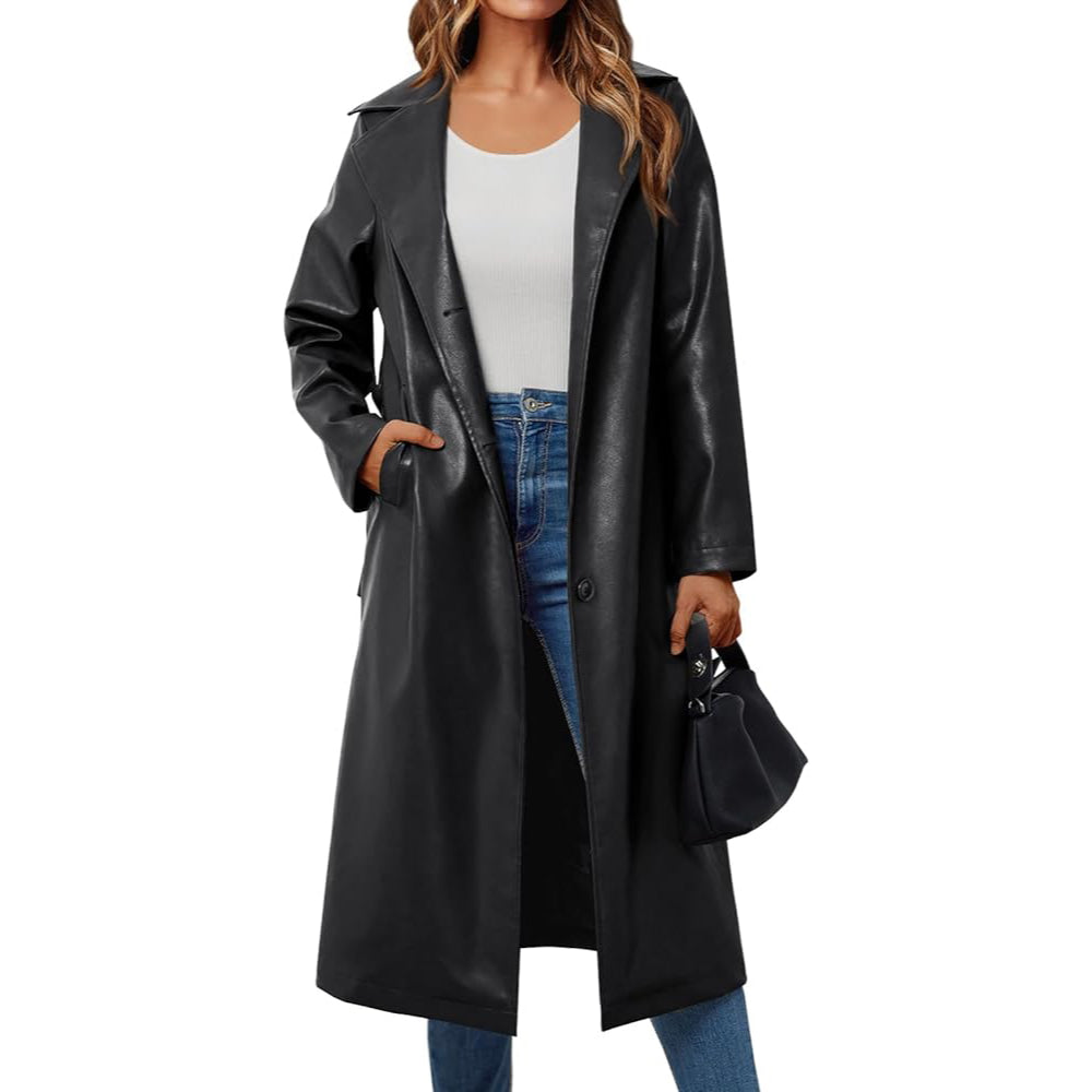 Women’s Long Leather Jackets Trench Coat Blazer Lapel Faux Open Front with Belt