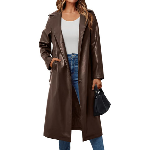 Women¡¯s Long Leather Jackets Trench Coat Blazer Lapel Faux Open Front with Belt
