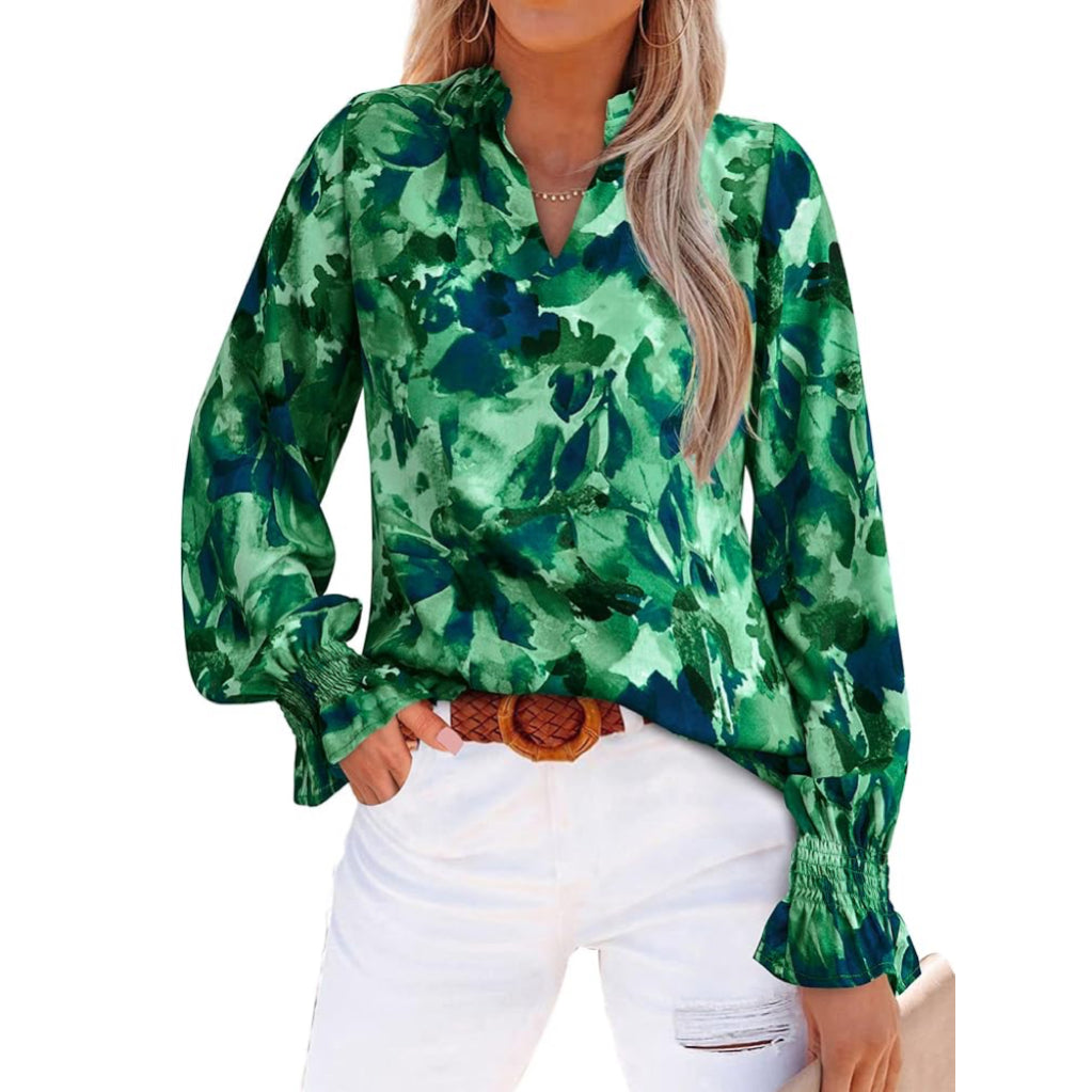 Women's V-Neck Floral Long Sleeve Top