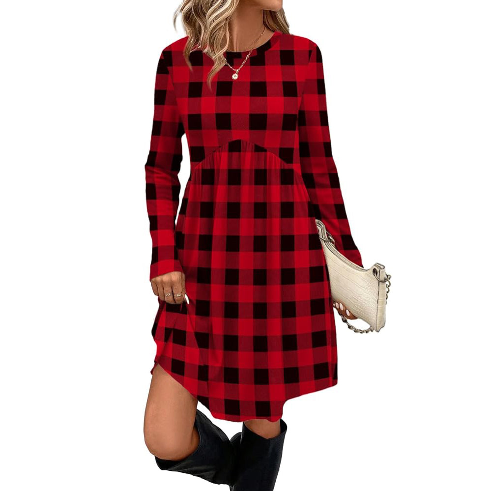 Women's Crew Neck Empire Waist Long Sleeve Tunic Dress with Pockets