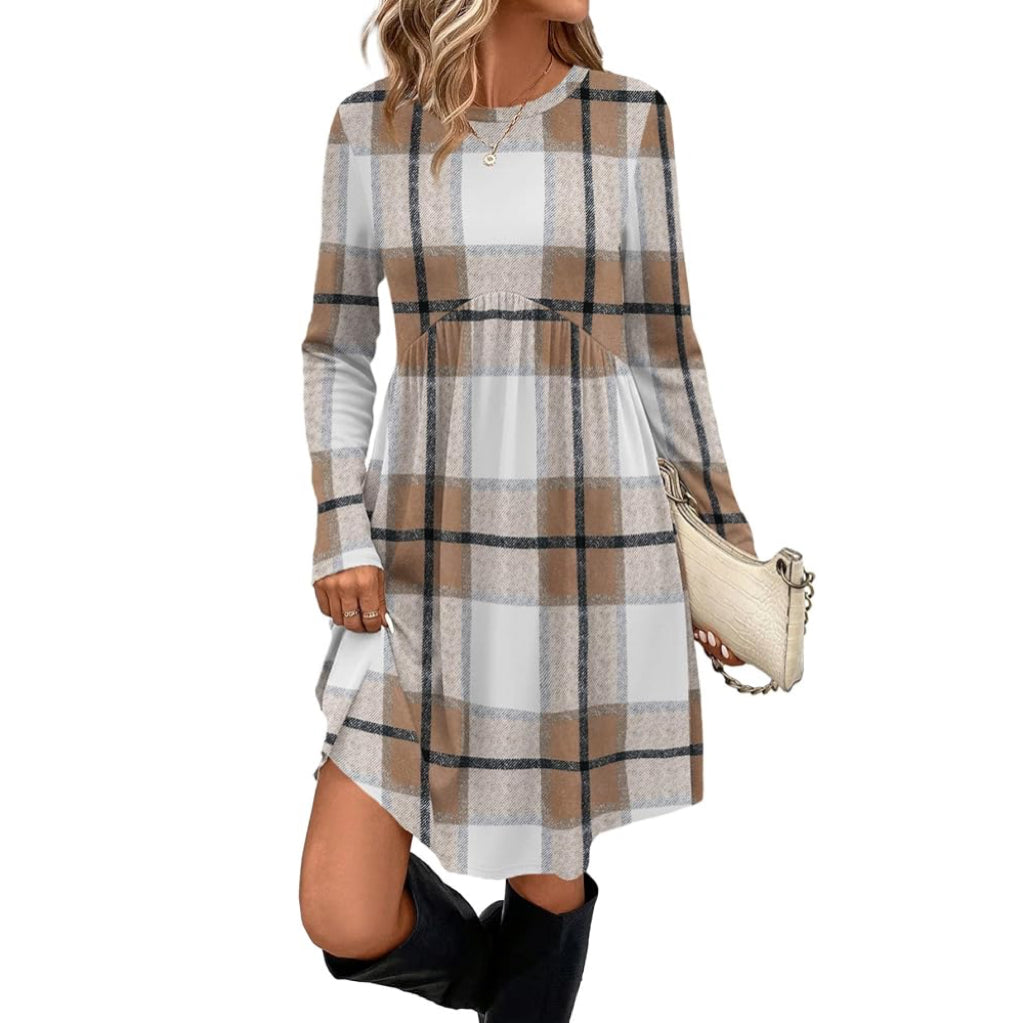 Women's Crew Neck Empire Waist Long Sleeve Tunic Dress with Pockets