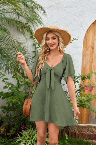 2026V neck bow strap short sleeve mini dress