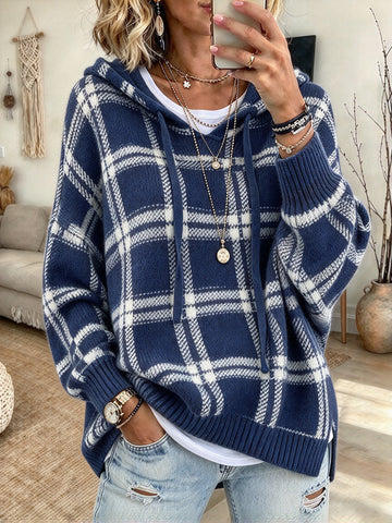 European and american retro plaid hooded knit sweatshirt - women's loose fit drop shoulder drawstring pullover sweater - casual outerwear top