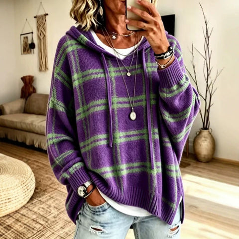 European and american retro plaid hooded knit sweatshirt - women's loose fit drop shoulder drawstring pullover sweater - casual outerwear top
