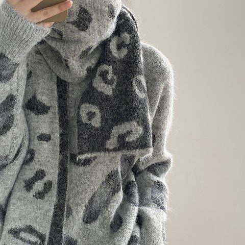 Women's Leopard Bow Collar Cardigan - Cropped H-Line Fall Winter Jacket