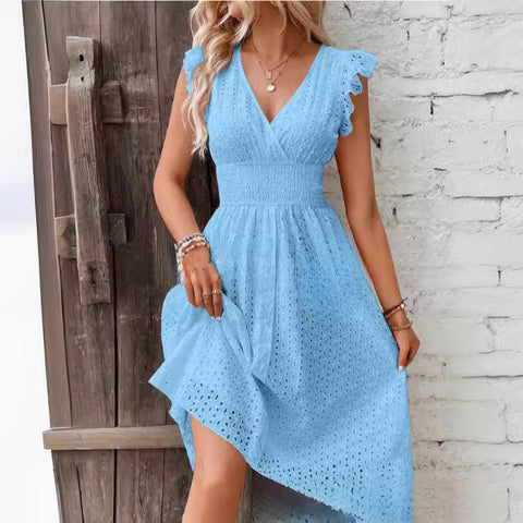 2026 new medium and long dress jacquard hollow and thin V-neck large size solid color dress