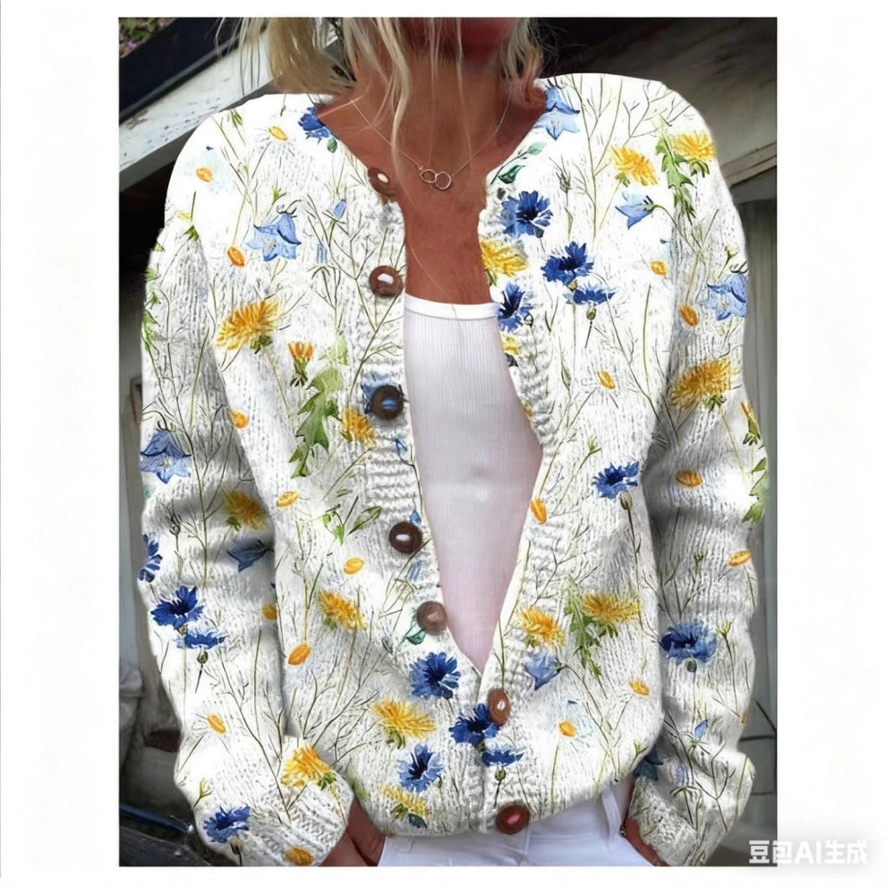 Women's Long-Sleeve Cardigan Sweater - Single Breasted with 3D Digital Print