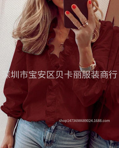 Spring and summer European and American new long-sleeved ruffle shirt women's shirt
