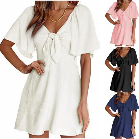 2026V neck bow strap short sleeve mini dress