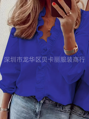 Spring and summer European and American new long-sleeved ruffle shirt women's shirt