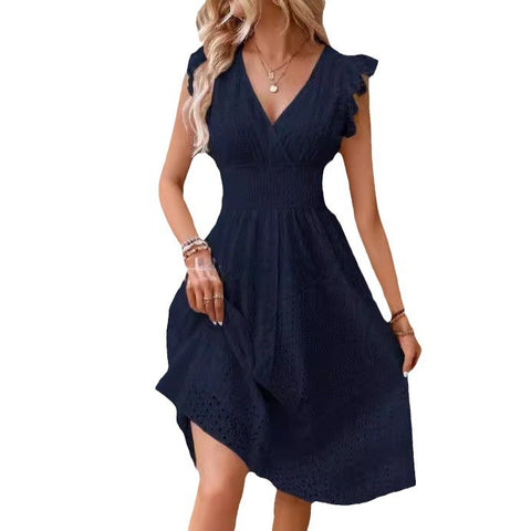 2026 new medium and long dress jacquard hollow and thin V-neck large size solid color dress
