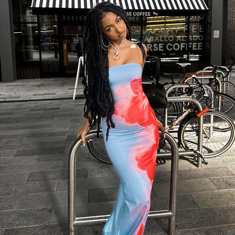 2026 Sexy Wind Slim-fit Printed Tub Top Split Hip Wrap Long Dress