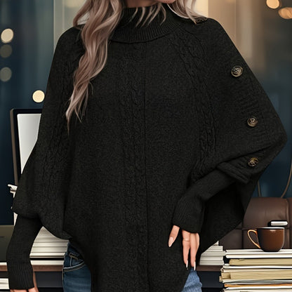 Women's Turtleneck with Button Accents, Long-Sleeve Batwing Style Sweater