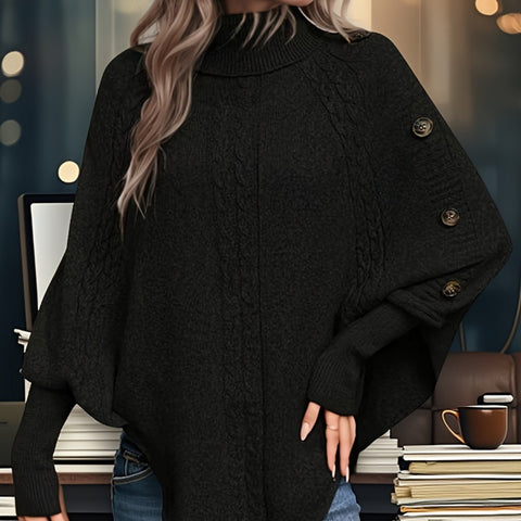 Women's Turtleneck with Button Accents, Long-Sleeve Batwing Style Sweater
