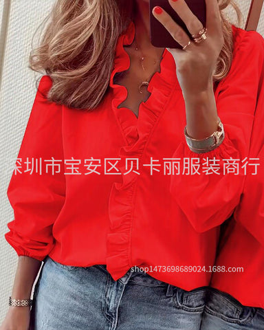 Spring and summer European and American new long-sleeved ruffle shirt women's shirt