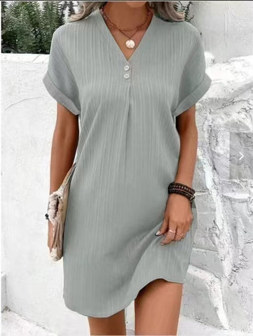 2026 new V-neck solid color pullover comfortable casual button dress