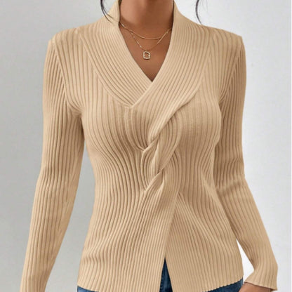 Women's Fashionable Slim-Fit Knitted Sweater - Solid Color, Long Sleeves with Ribbed Split Hem