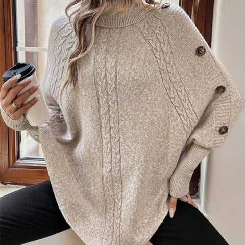 Women's Turtleneck with Button Accents, Long-Sleeve Batwing Style Sweater