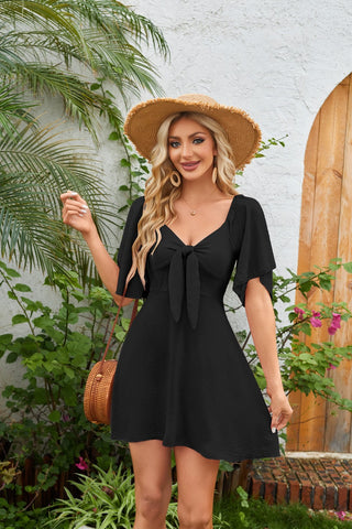 2026V neck bow strap short sleeve mini dress