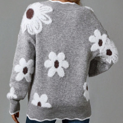 Women's V-Neck Floral   Long Sleeve Sweater