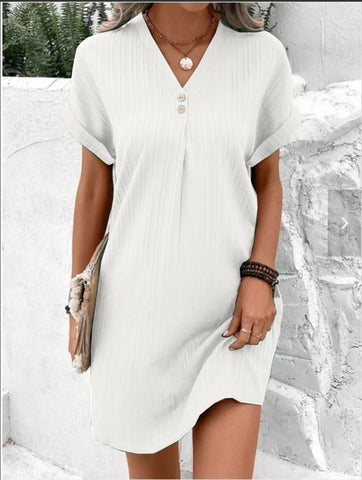 2026 new V-neck solid color pullover comfortable casual button dress
