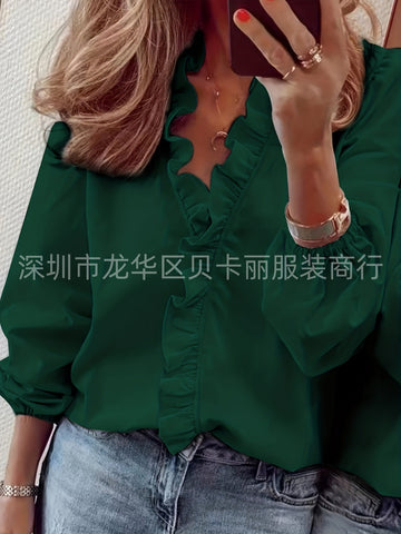 Spring and summer European and American new long-sleeved ruffle shirt women's shirt